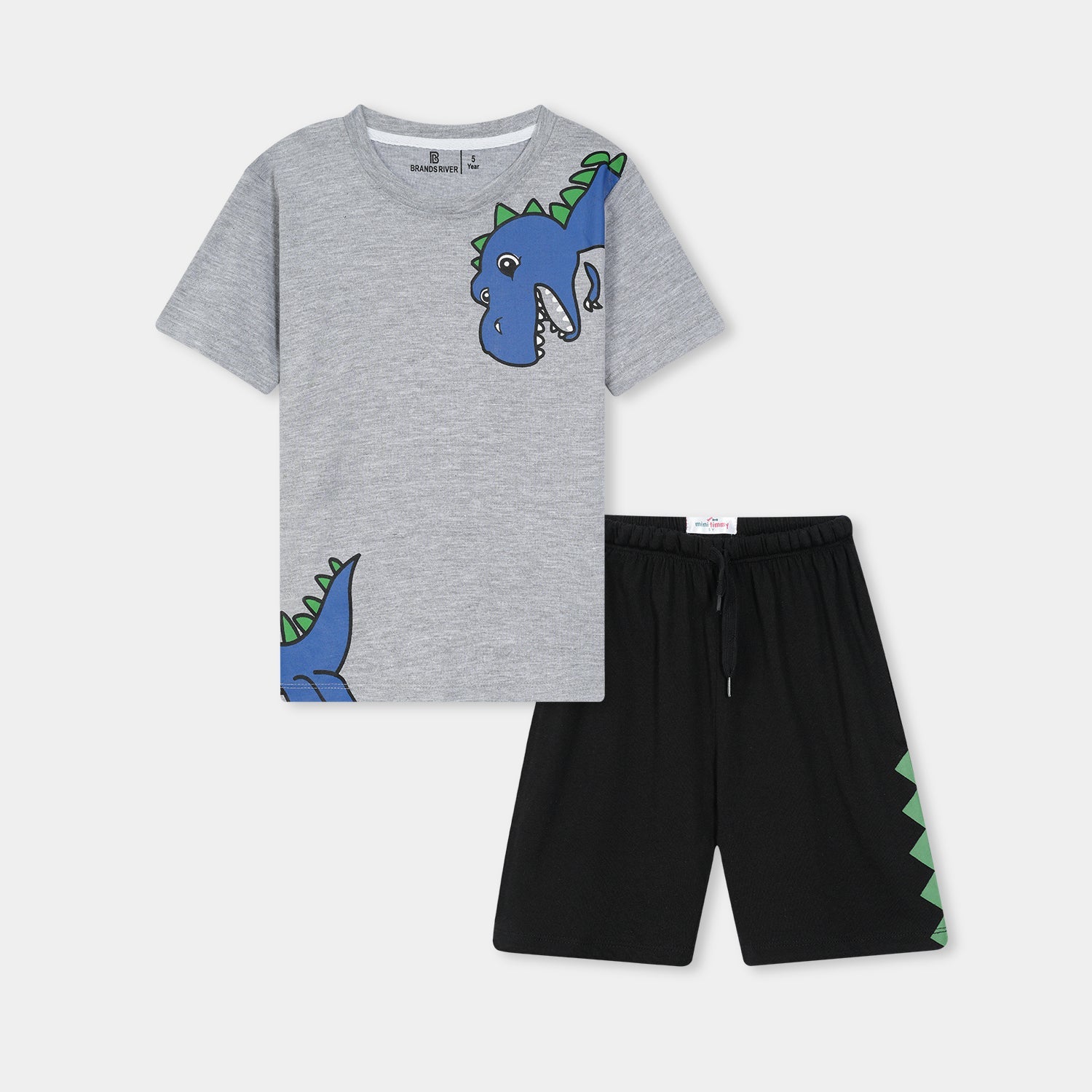Premium Quality Boys 'DINO' Printed Grey Summersuit with Black Shorts
