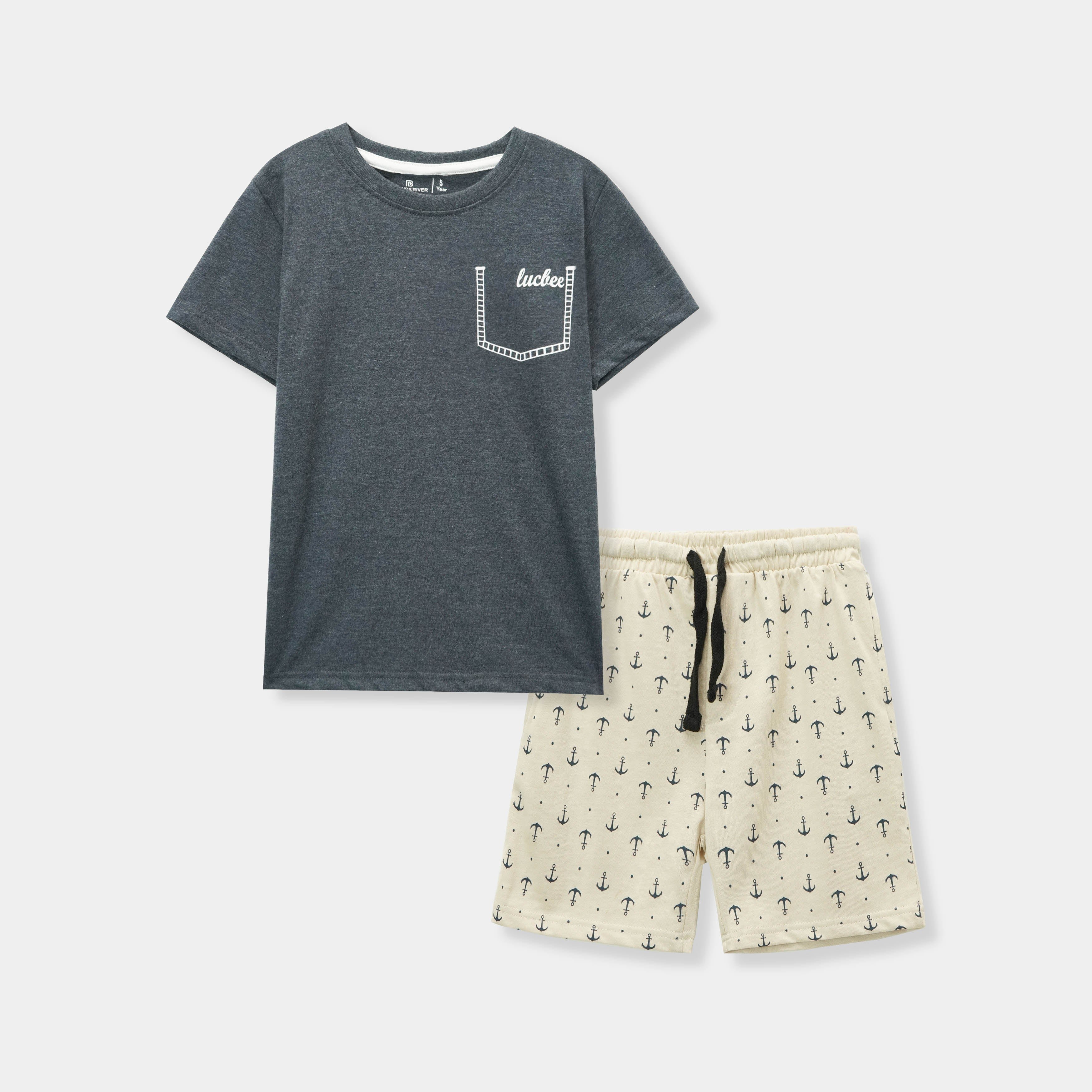 Boys Charcoal summer suit with Beige Printed Shorts
