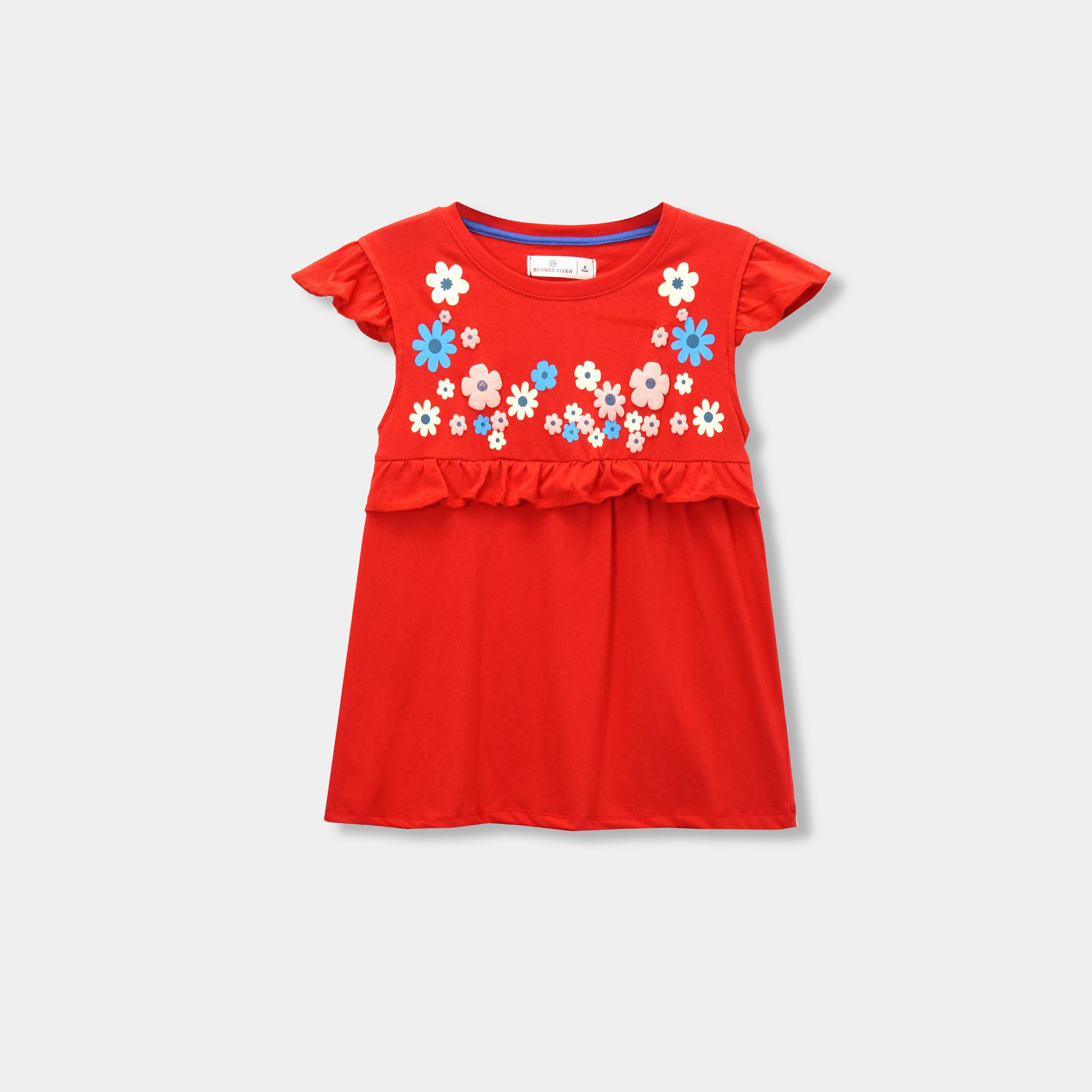 Girls Premium Quality Floral Printed Red Frock