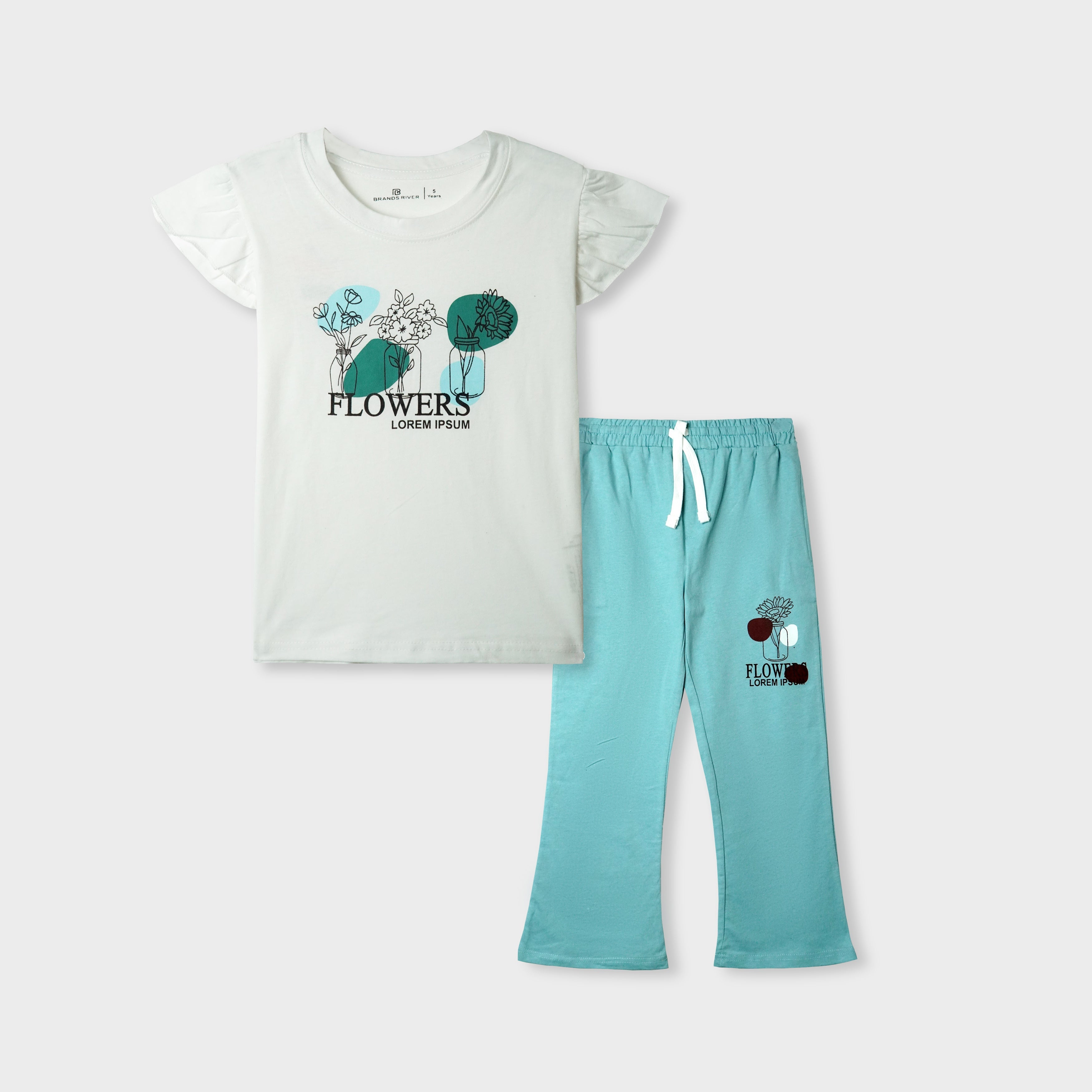Girls White Summersuit with Floral Graphic Print and Skyblue Trousers