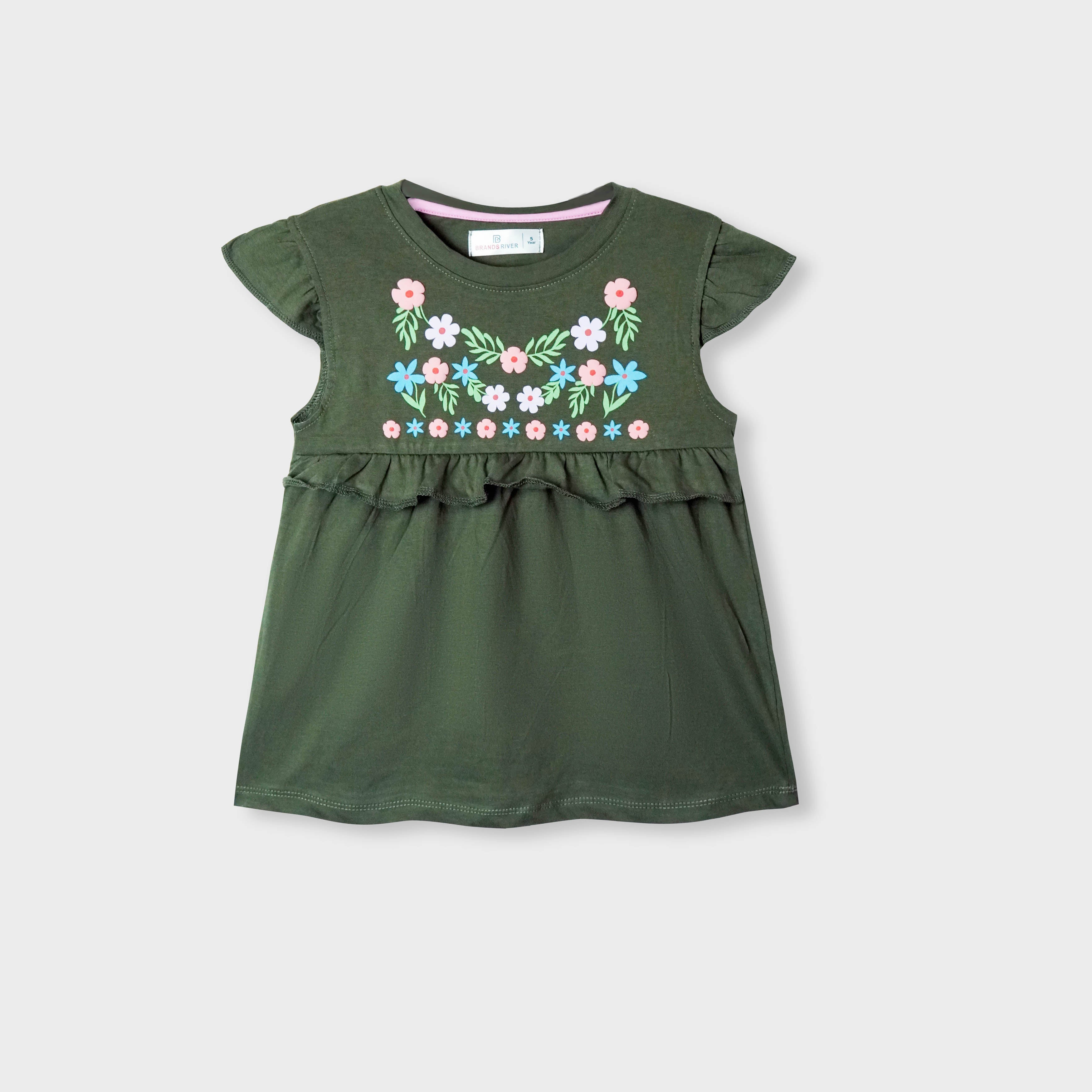 Girls Premium Quality Floral Printed Moss Green Frock