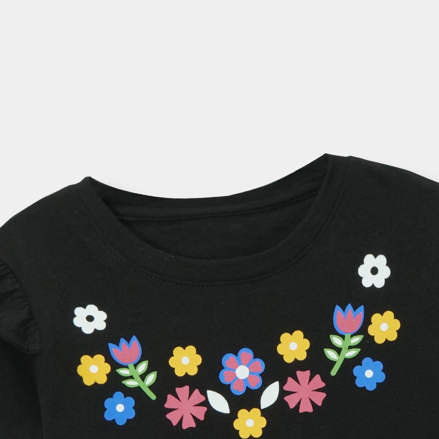 Girls Floral Printed Black T-Shirt