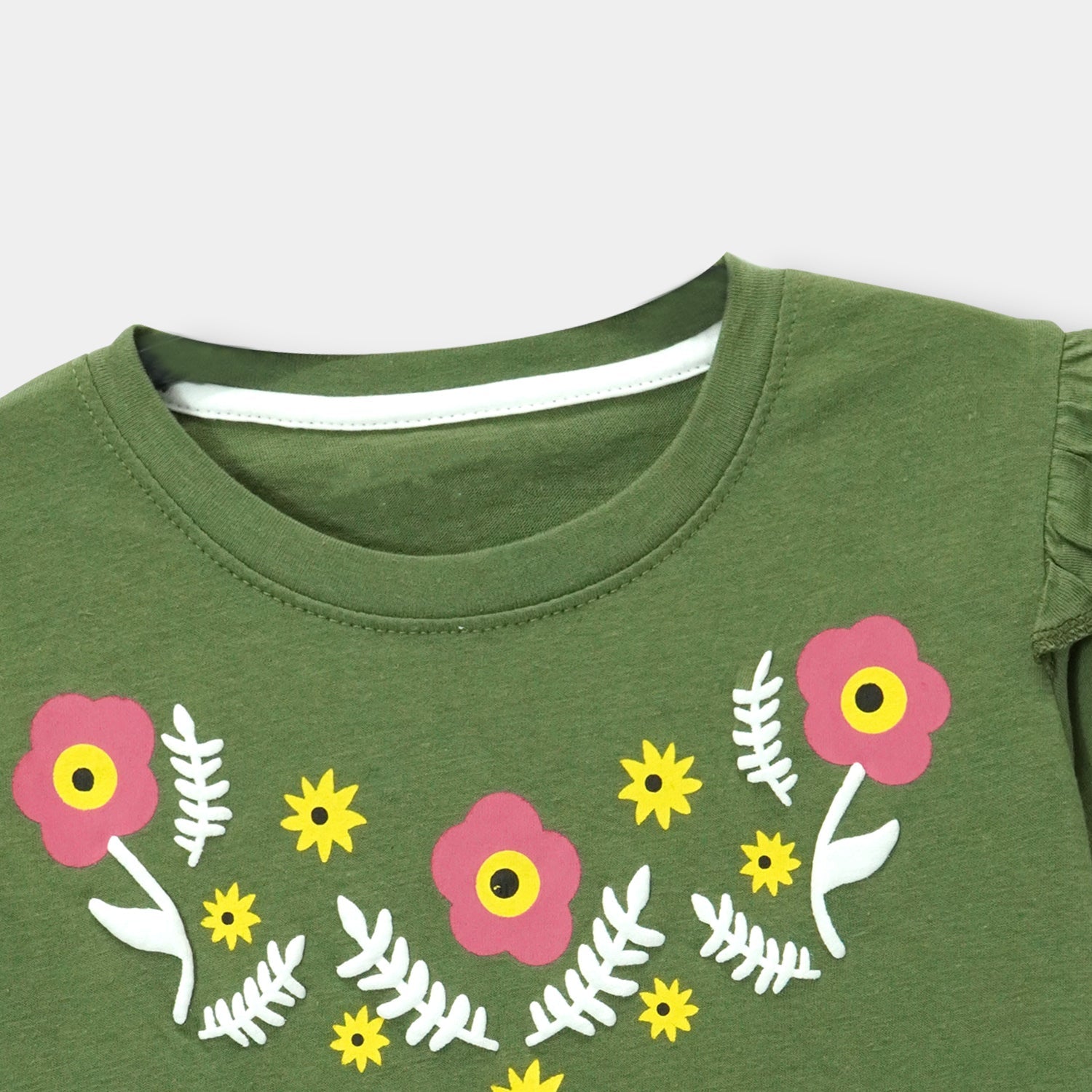 Girls Floral Printed Olive T-Shirt