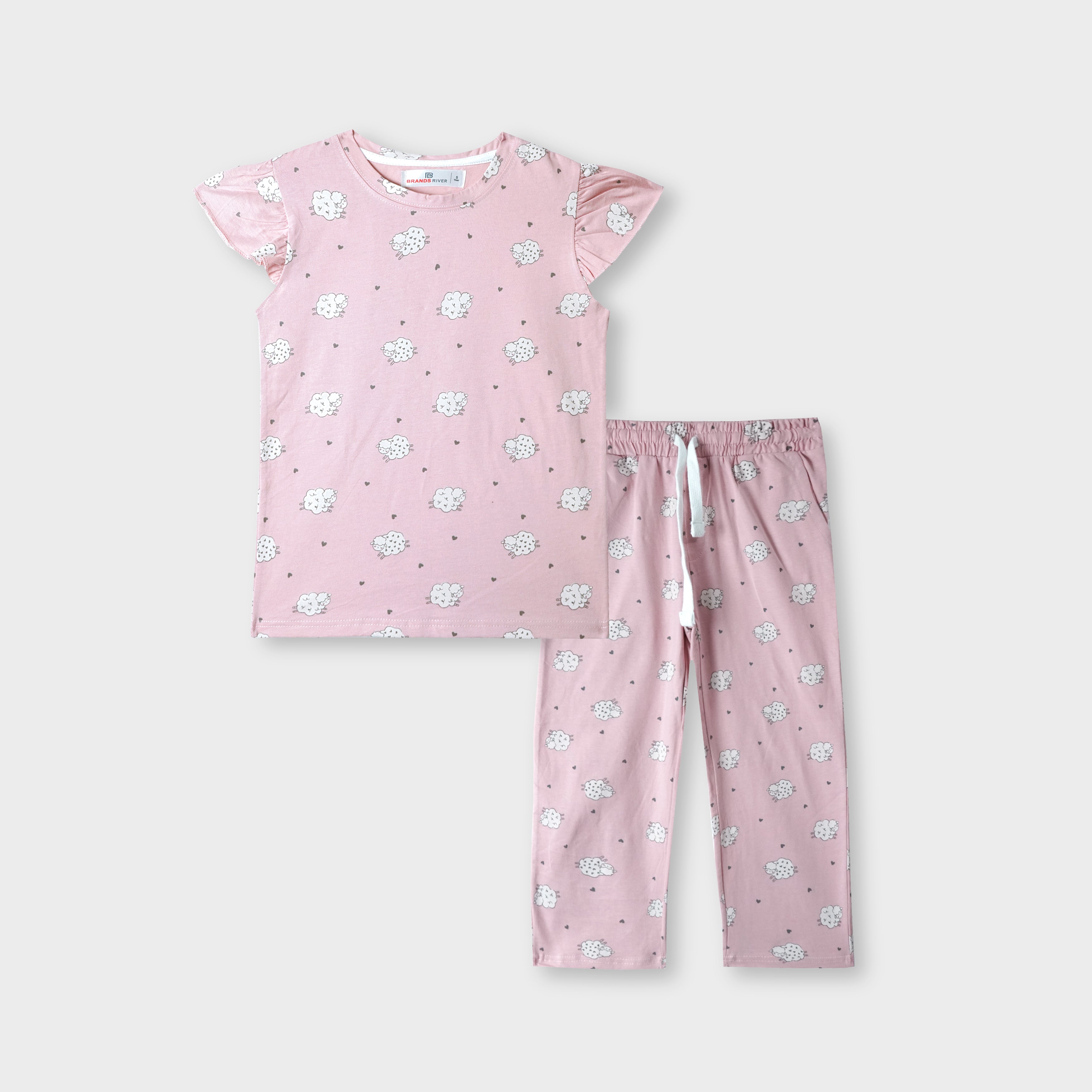 Girls Baby pink 'Sheep and hearts' printed suit