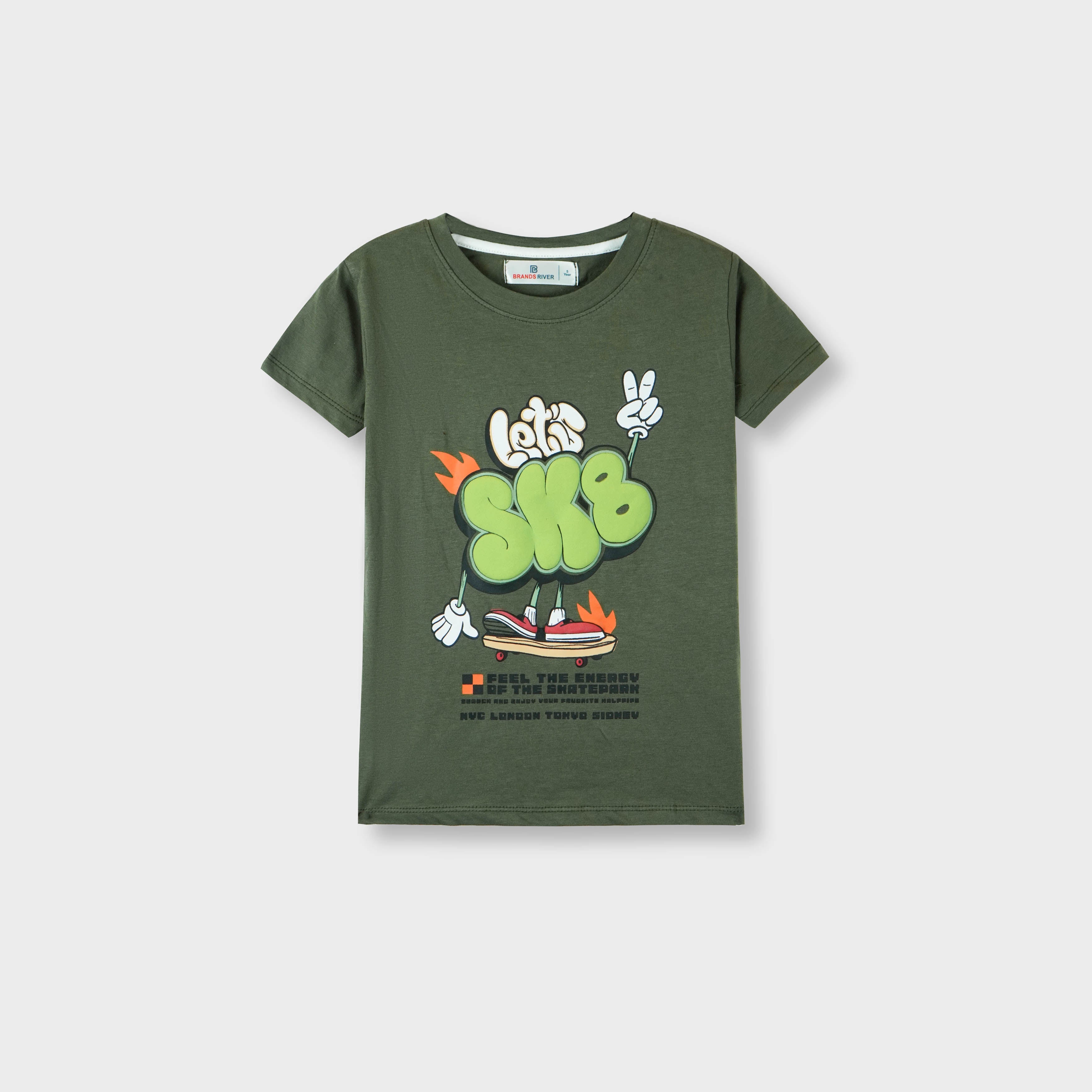 Boys Premium Quality 'Lets SK8" Printed Green T-shirt