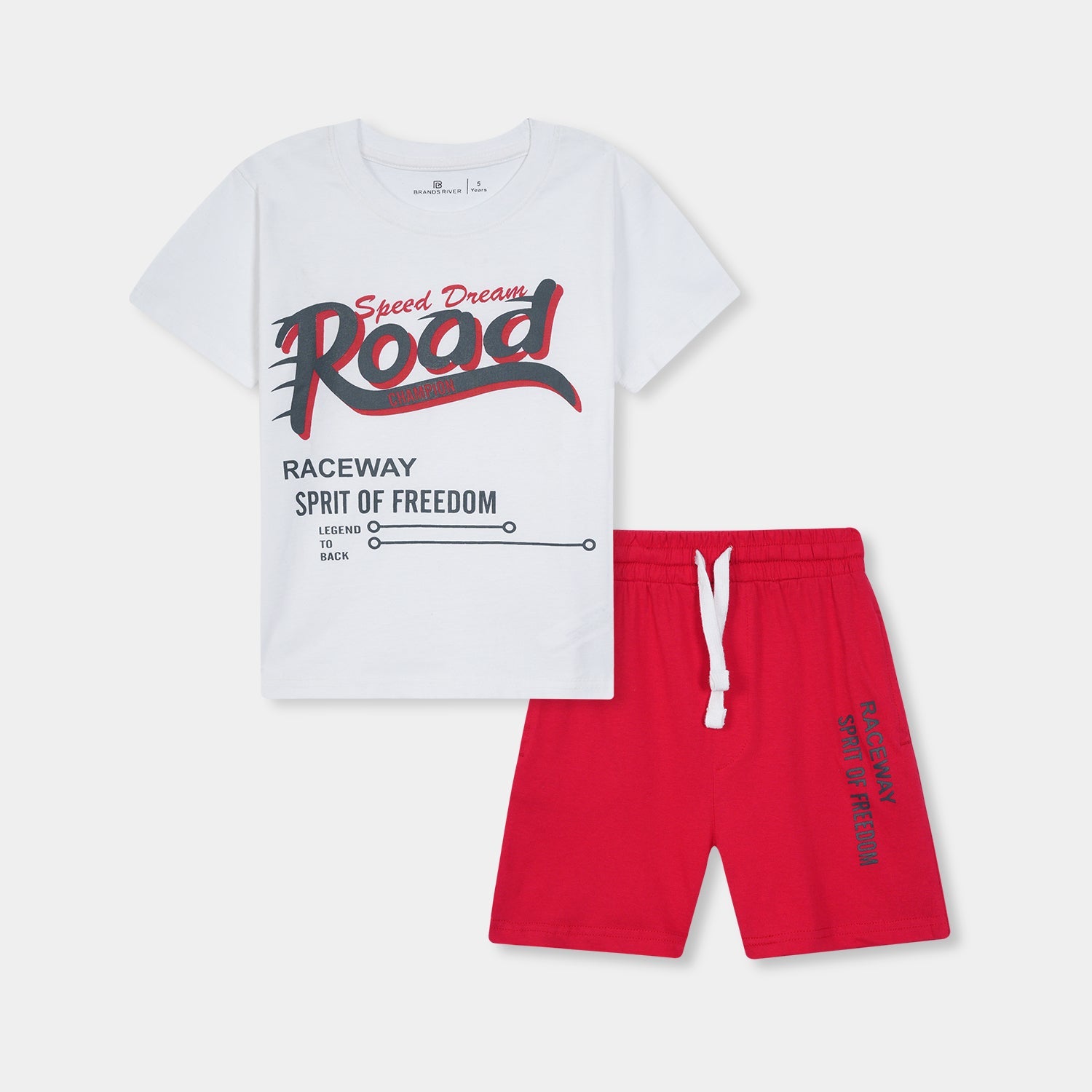 Boys "Road Champion" printed white summer suit with red shorts