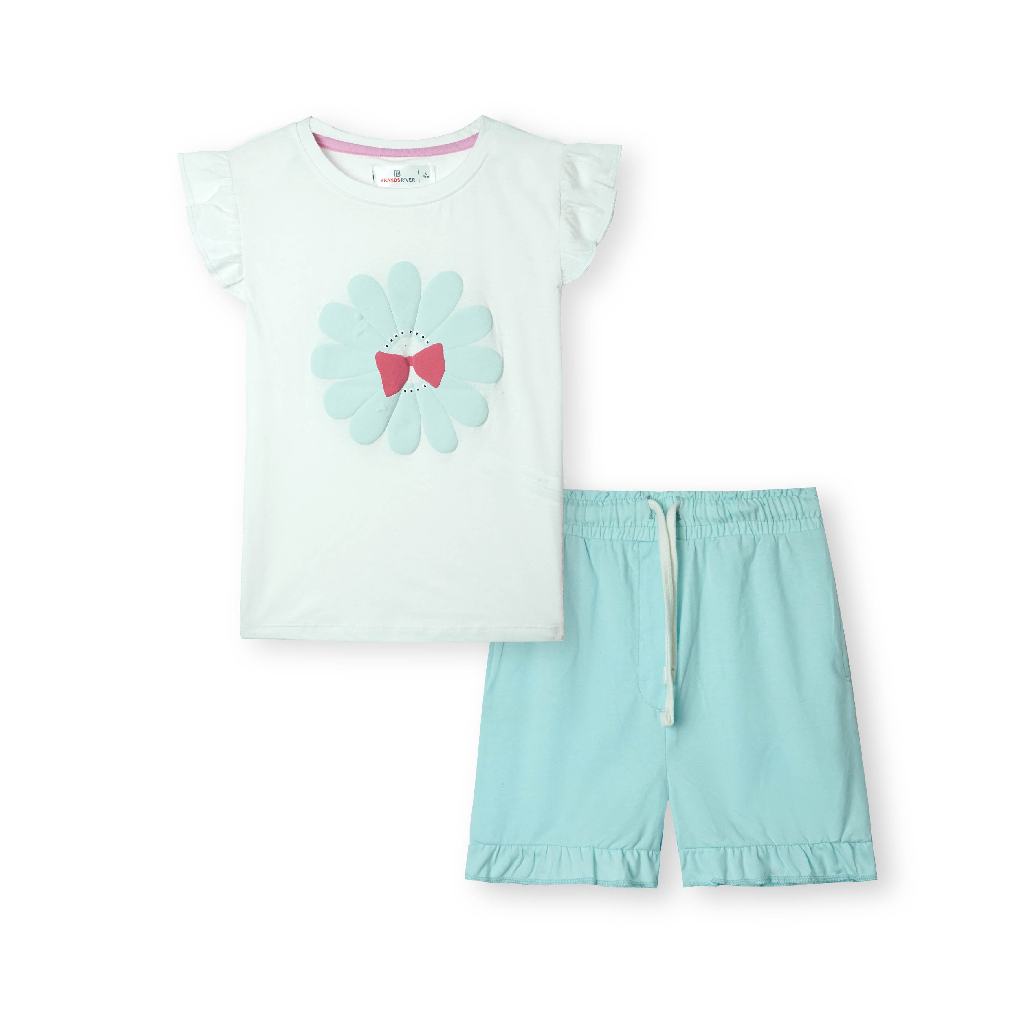 Premium Quality Printed Girls summer suit with Skyblue Shorts