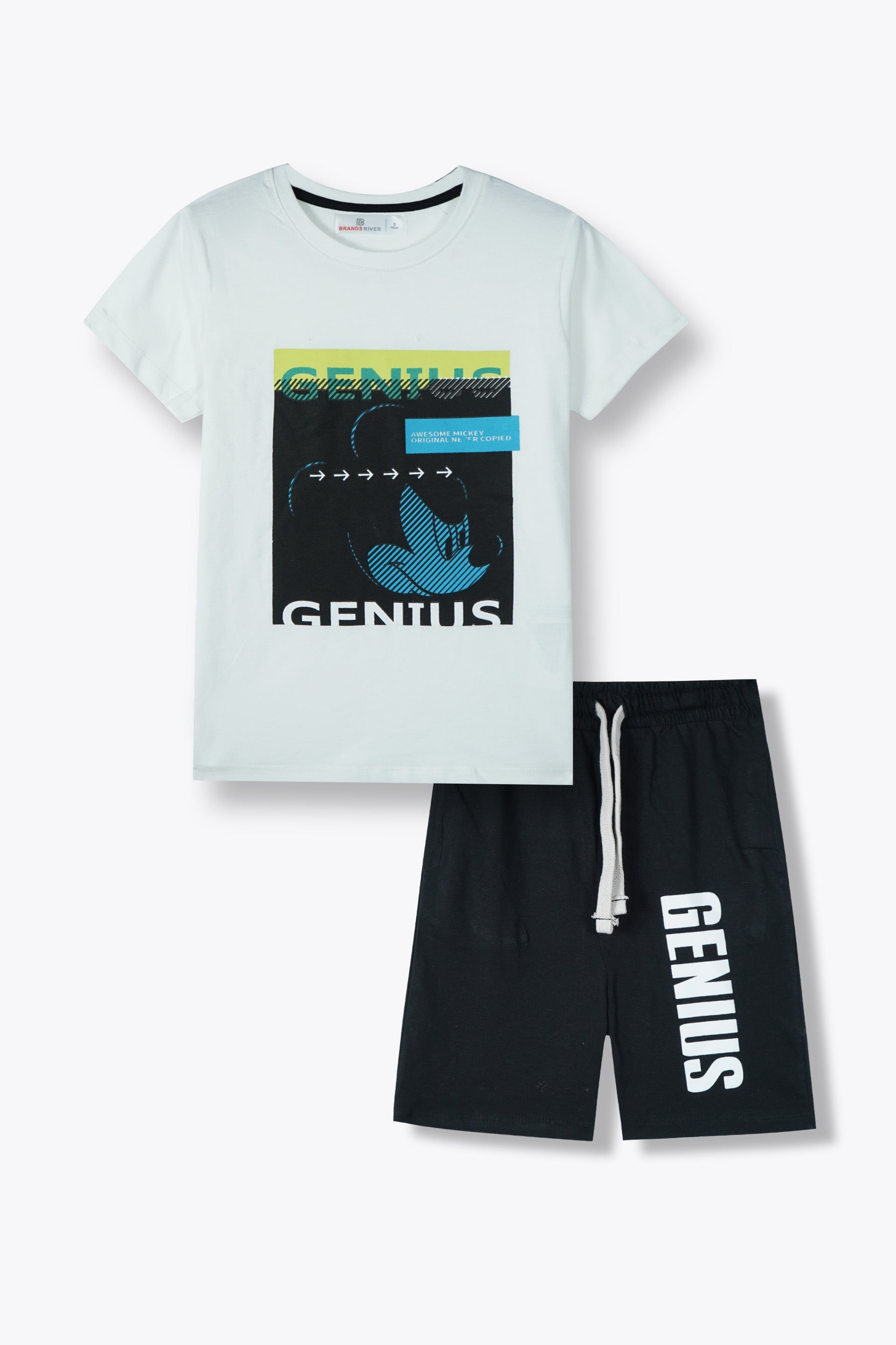 Premium Quality Boys "Genius" Printed Boys Summer Suit with Black Shorts