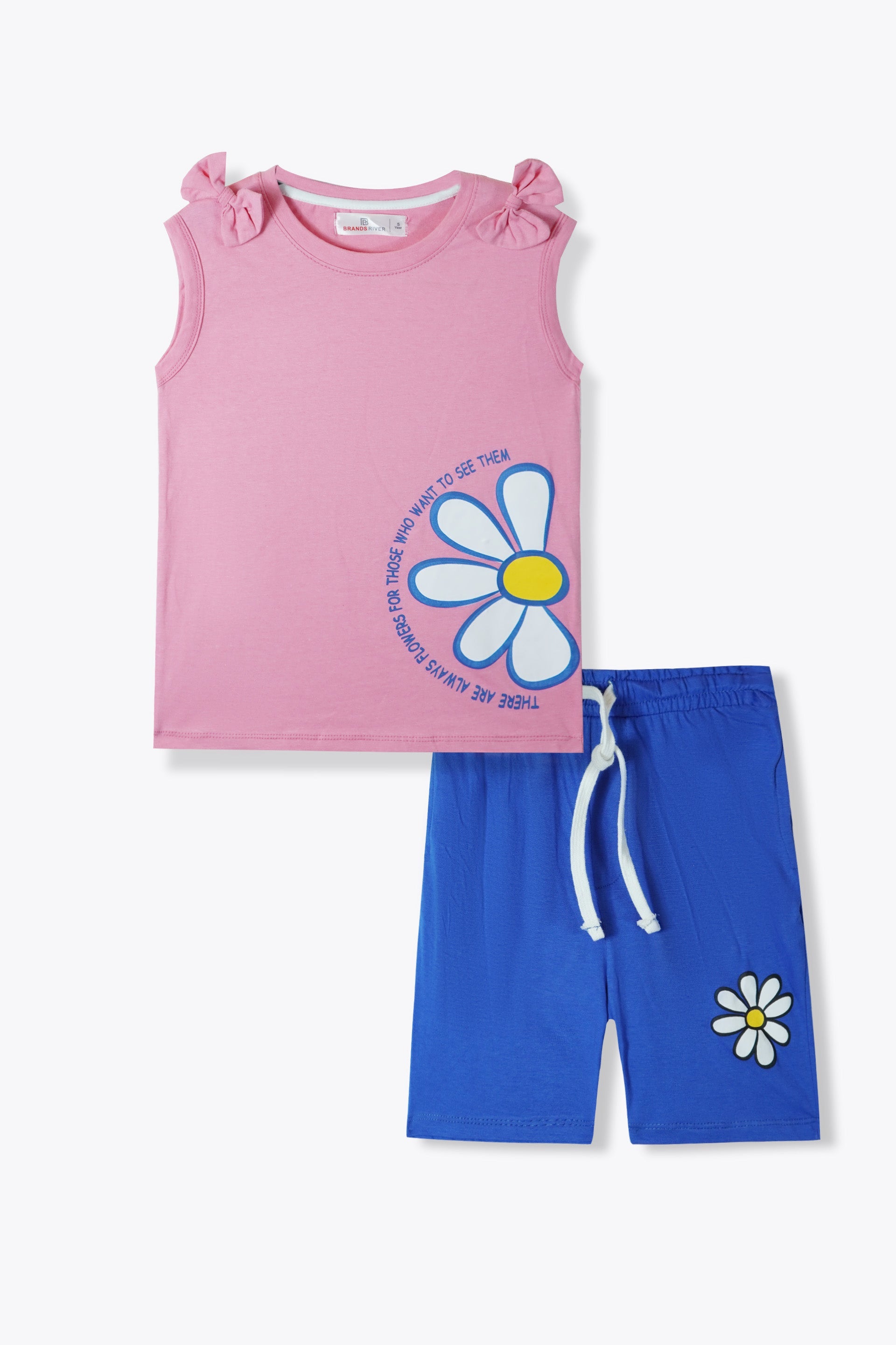 Premium Quality Floral Printed Pink Girls Summersuit with Blue Shorts