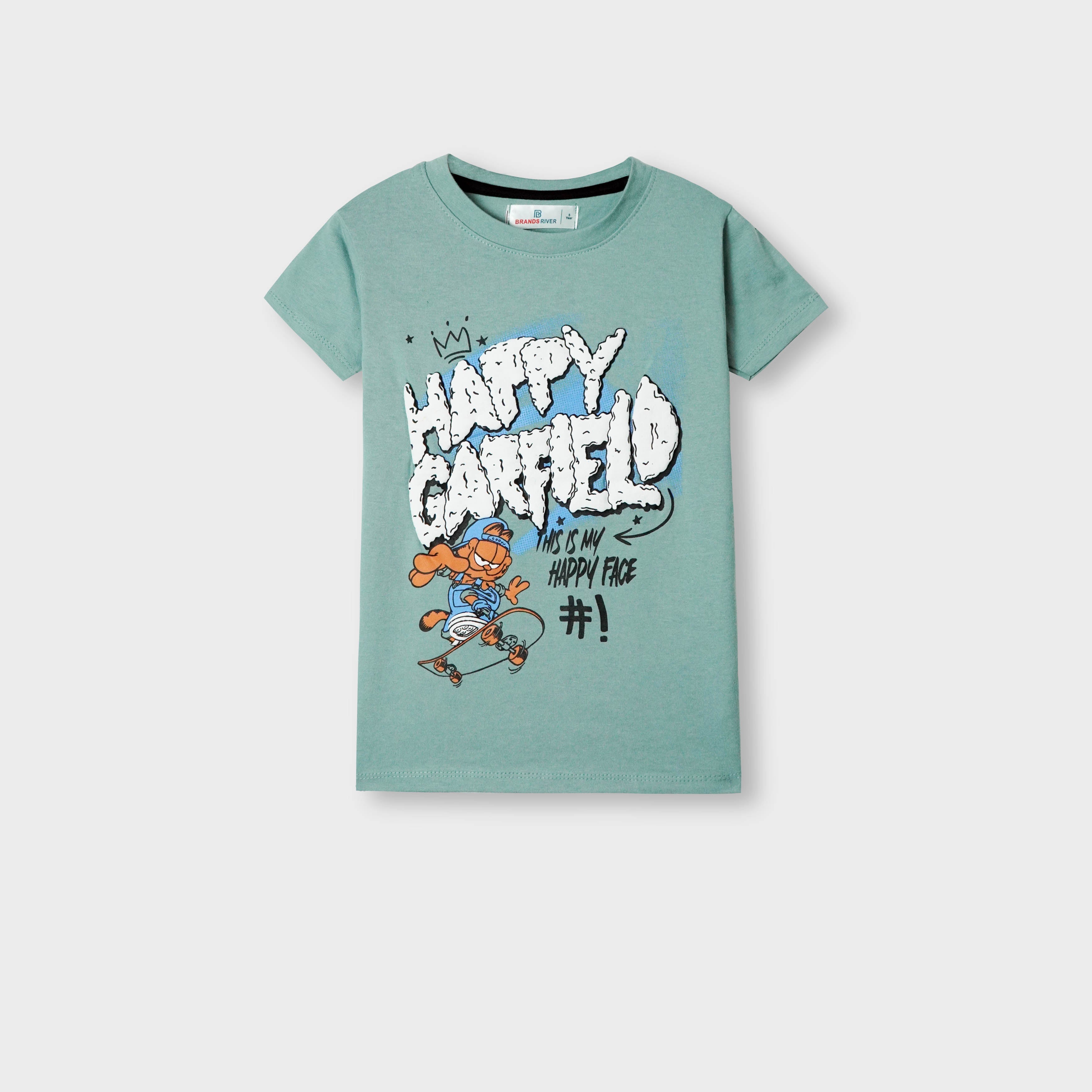 Boys Graphic "Happy Garfield" Printed Aqua Green T-Shirt