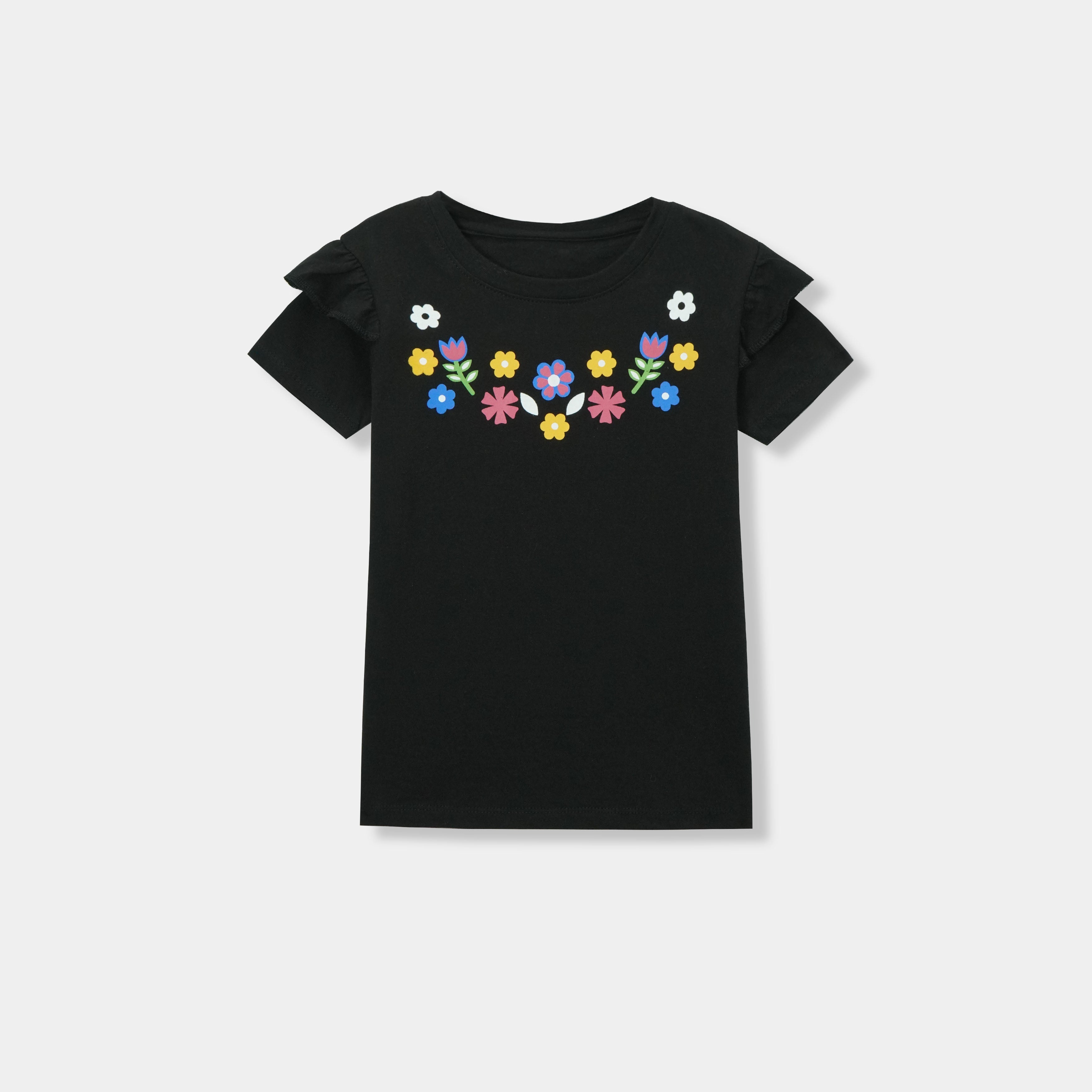 Girls Floral Printed Black T-Shirt