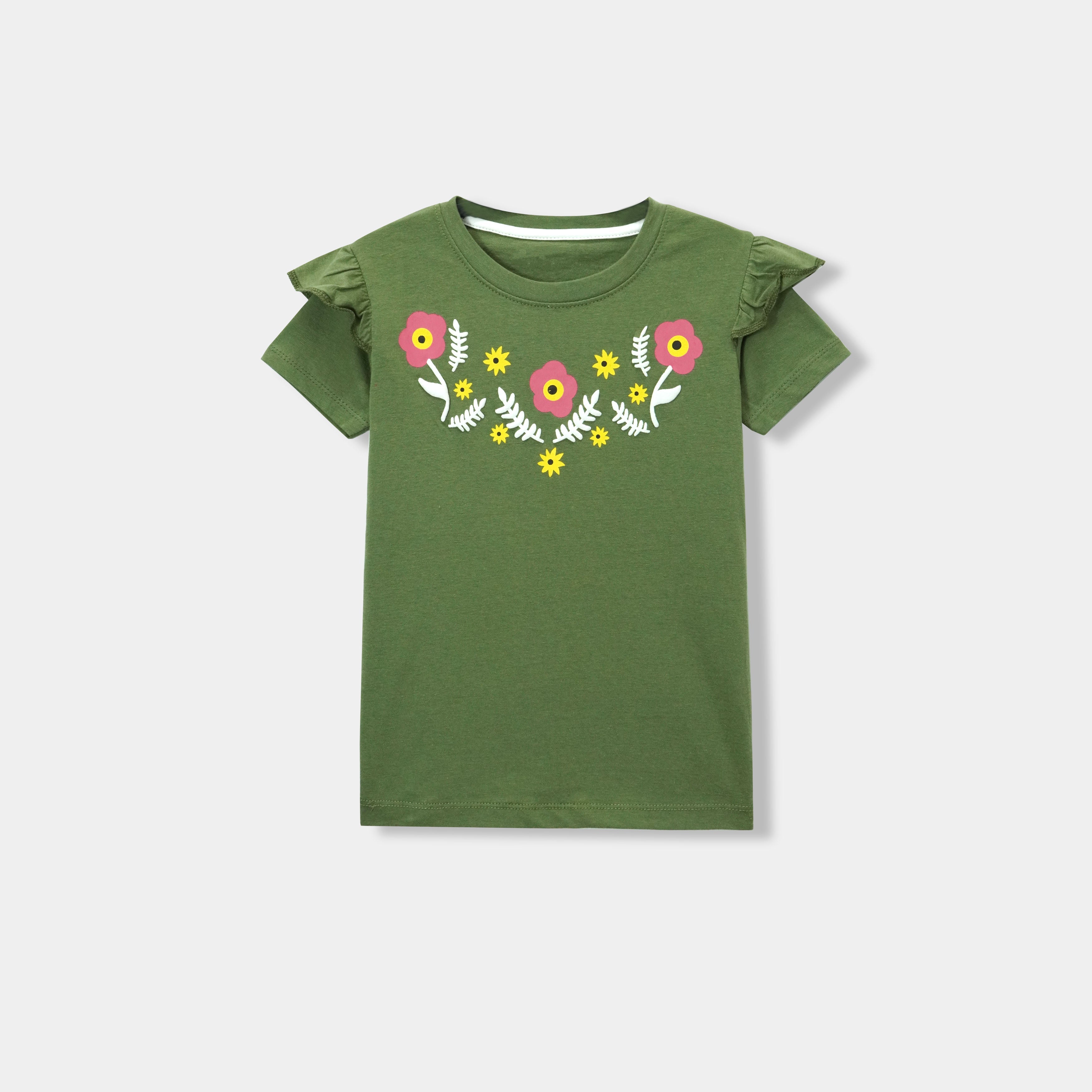 Girls Floral Printed Olive T-Shirt
