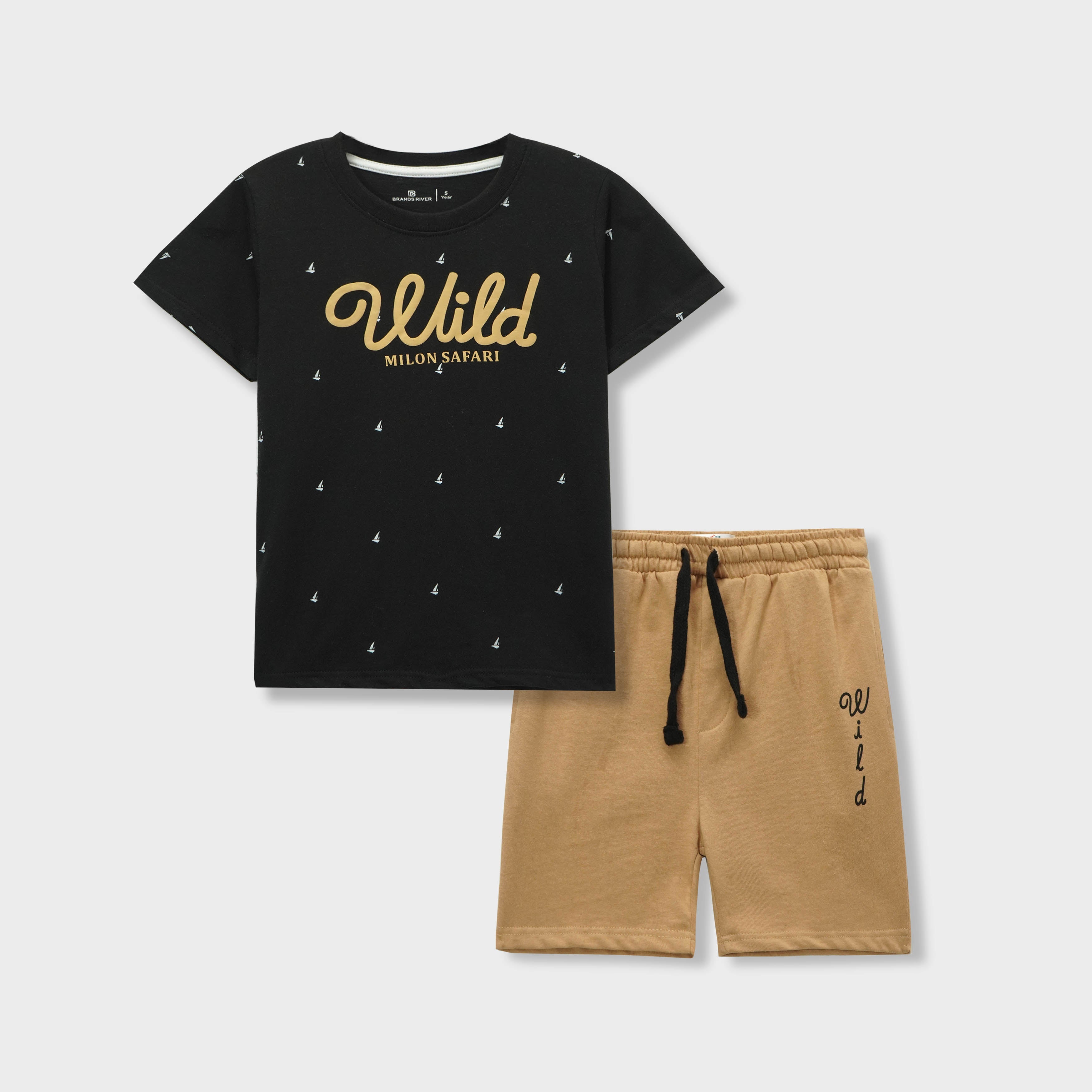 Boys Black 'Wild' Printed Boys Summer Suit with Khaki Shorts